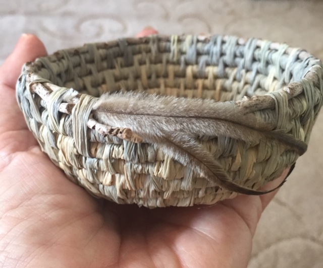 Woven Raffia Bowl with Palm inflorescence and Emu feathers